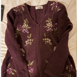 Embroidered floral Alfred Dunner Purple Cardigan with Elegant Embroidery